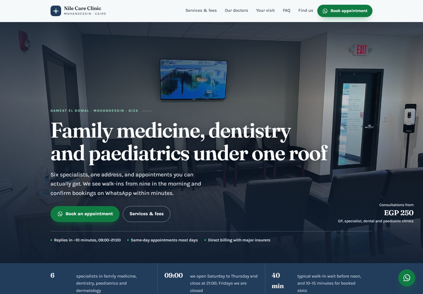 Nile Care Clinic website with a calm blue-green design